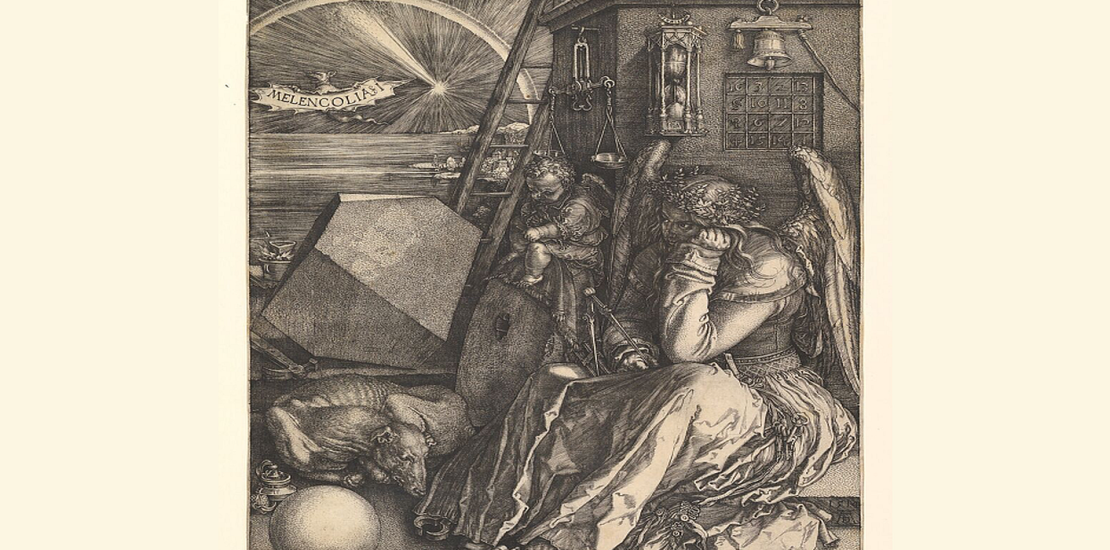 Melancolía I (1514), Alberto Durero. Figura alada con expresión abatida, rodeada de instrumentos de conocimiento y creación, pero inutilizados.