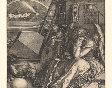 Melancolía I (1514), Alberto Durero. Figura alada con expresión abatida, rodeada de instrumentos de conocimiento y creación, pero inutilizados.
