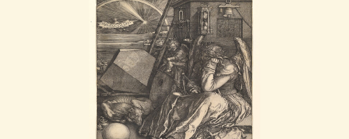 Melancolía I (1514), Alberto Durero. Figura alada con expresión abatida, rodeada de instrumentos de conocimiento y creación, pero inutilizados.