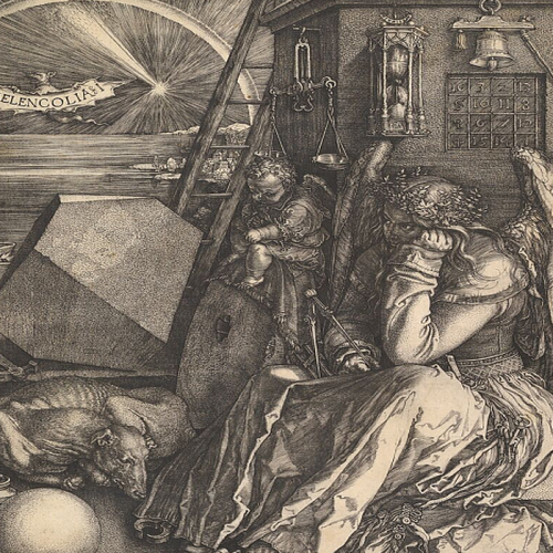 Melancolía I (1514), Alberto Durero. Figura alada con expresión abatida, rodeada de instrumentos de conocimiento y creación, pero inutilizados.