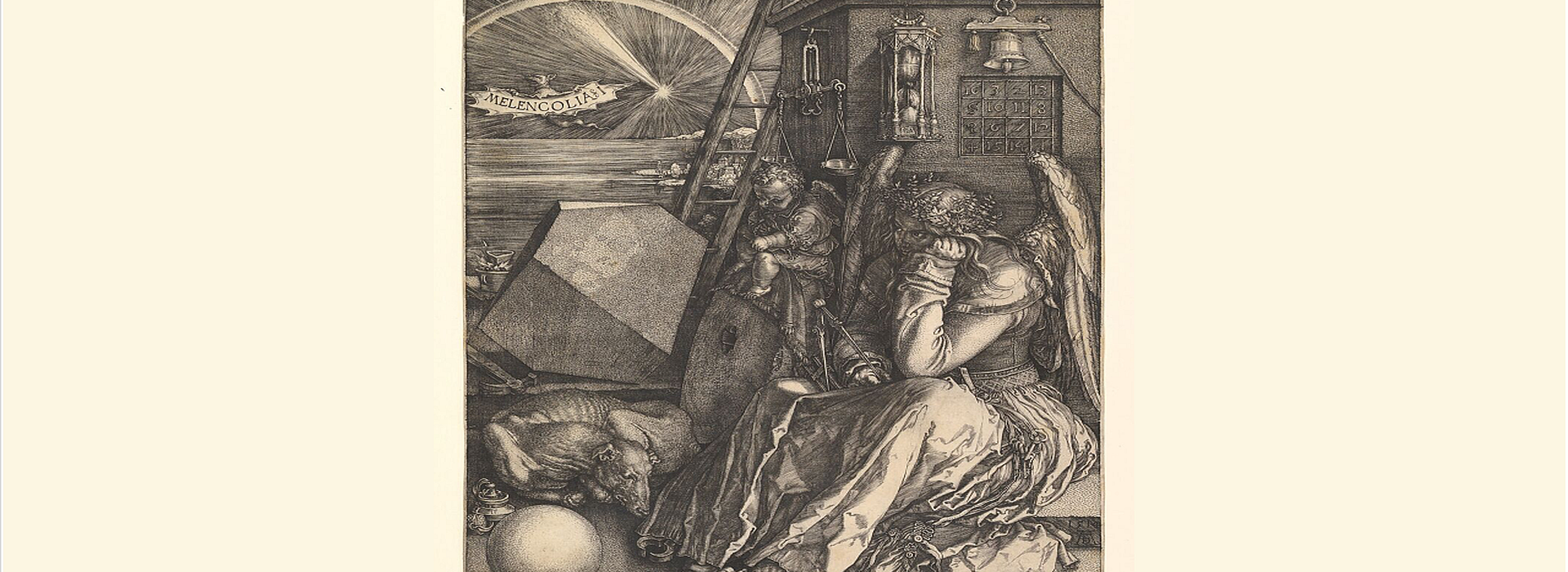 Melancolía I (1514), Alberto Durero. Figura alada con expresión abatida, rodeada de instrumentos de conocimiento y creación, pero inutilizados.